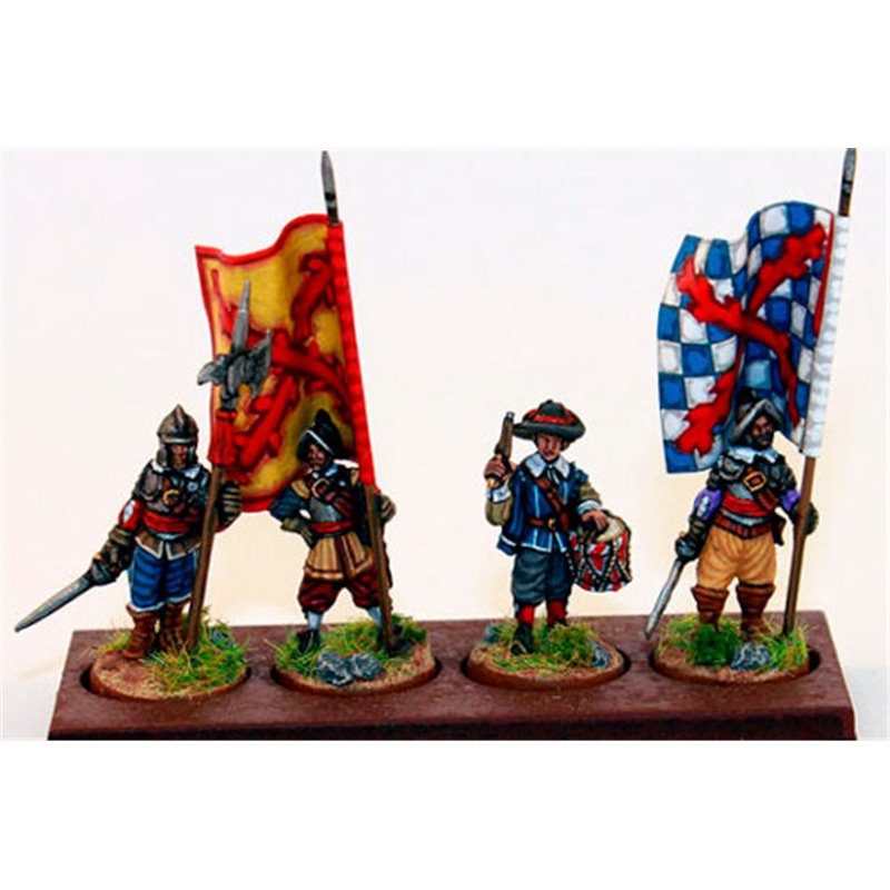 Infantry command group (4 figures): 2 officers, drummer and sergeant & 2 flag poles