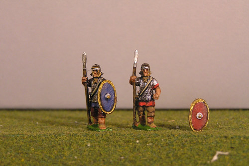 Auxiliary standing with fixed spear. Separate shields included.